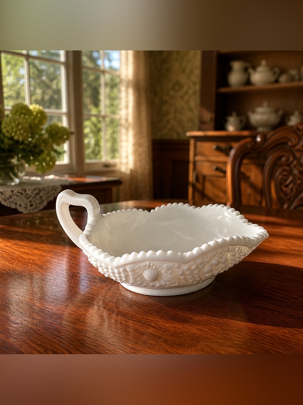 Kemple milk glass bowl, sometimes used as a candy dish or candle holder